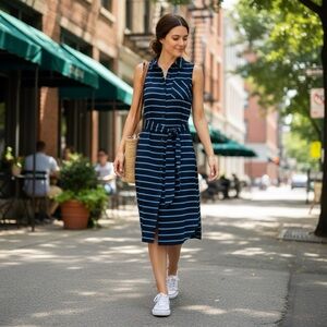 Navy Striped Sleeveless Button down Shirt Dress